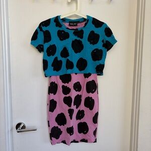 Lazy oaf Blue and Pink bodycon 2 layer Dress with Black Spots cow print